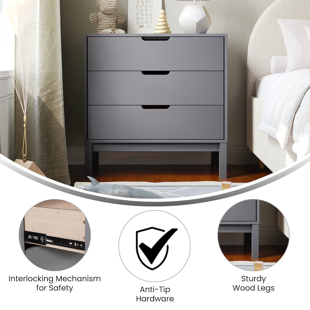 Dallas Wooden 3-Drawer Dresser for Bedroom, Chest of Drawers for Kids in Gray