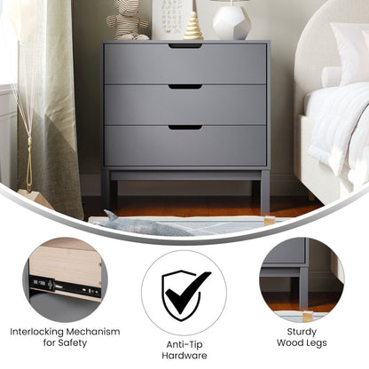 Dallas Wooden 3-Drawer Dresser for Bedroom, Chest of Drawers for Kids in Gray