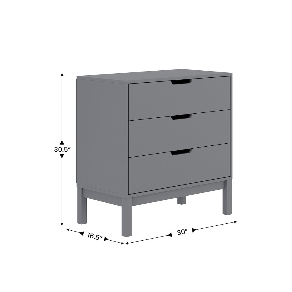 Dallas Wooden 3-Drawer Dresser for Bedroom, Chest of Drawers for Kids in Gray