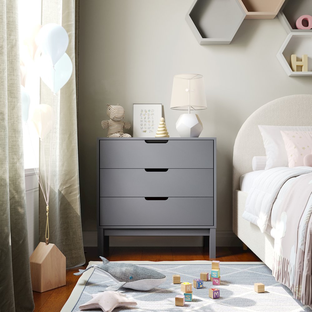 Dallas Wooden 3-Drawer Dresser for Bedroom, Chest of Drawers for Kids in Gray