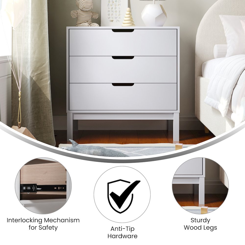 Dallas Wooden 3-Drawer Dresser for Bedroom, Chest of Drawers for Kids in White