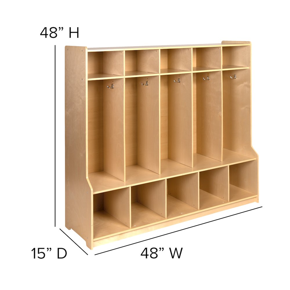 Wooden 5 Section School Coat Locker with Bench, Cubbies
