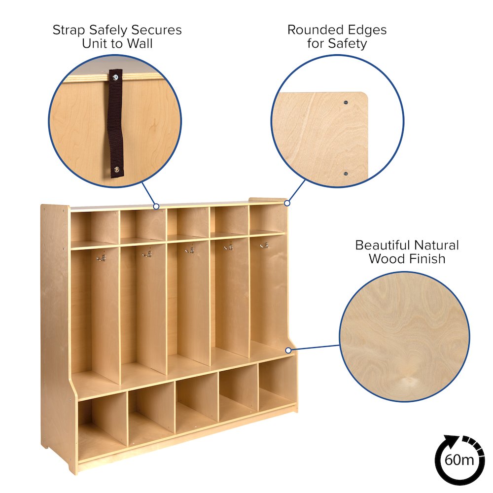 Wooden 5 Section School Coat Locker with Bench, Cubbies