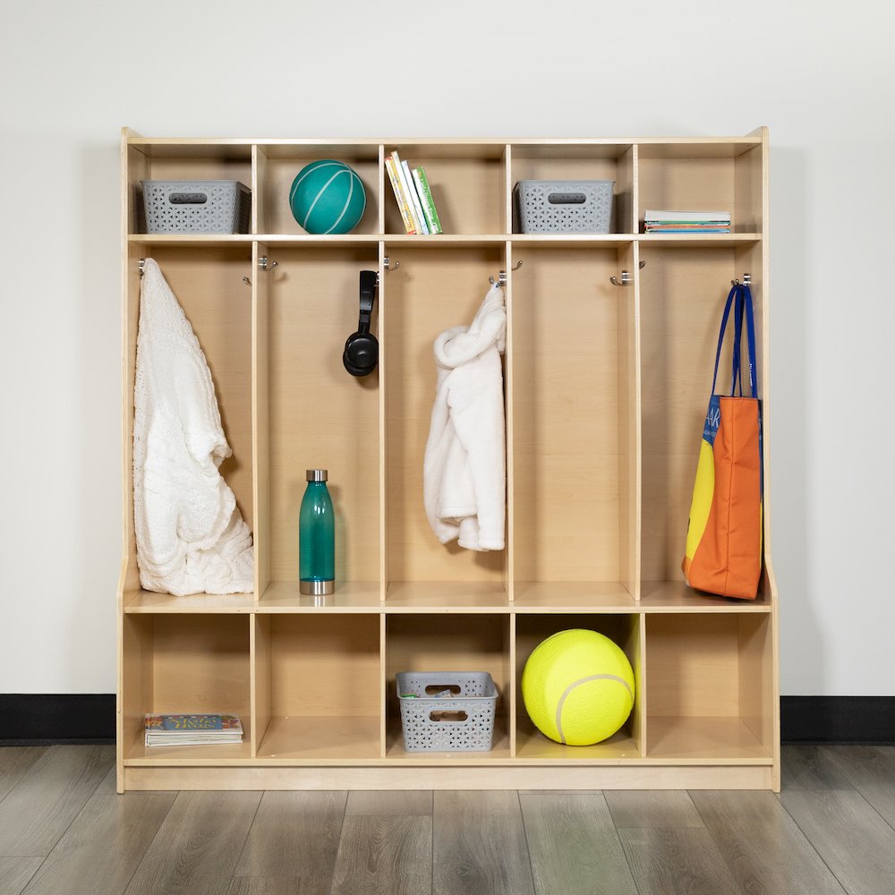 Wooden 5 Section School Coat Locker with Bench, Cubbies