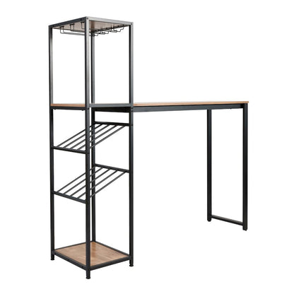 Modern Wine and Bar Table with Shelves, Light Brown Top/Black Frame