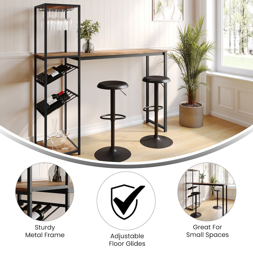Modern Wine and Bar Table with Shelves, Light Brown Top/Black Frame