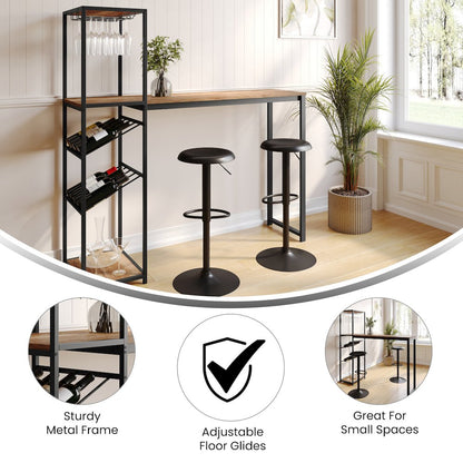 Modern Wine and Bar Table with Shelves, Light Brown Top/Black Frame