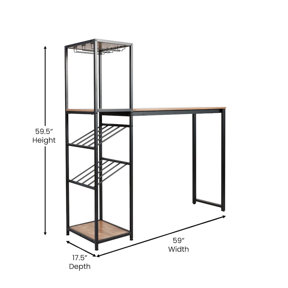 Modern Wine and Bar Table with Shelves, Light Brown Top/Black Frame