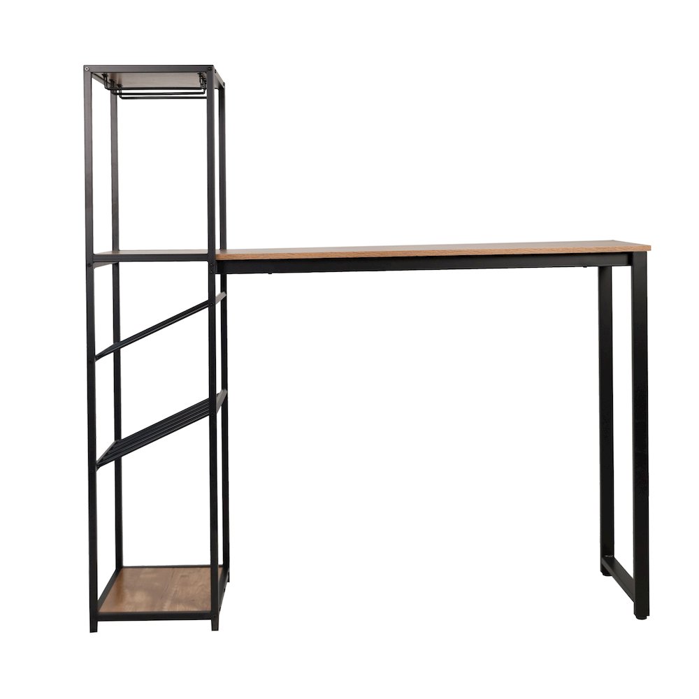 Modern Wine and Bar Table with Shelves, Light Brown Top/Black Frame