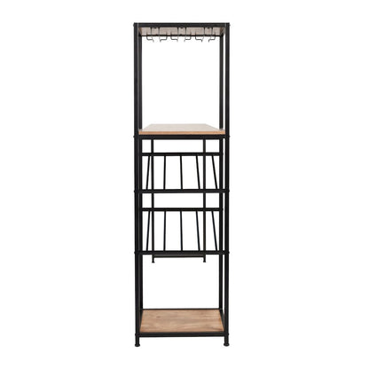 Modern Wine and Bar Table with Shelves, Light Brown Top/Black Frame
