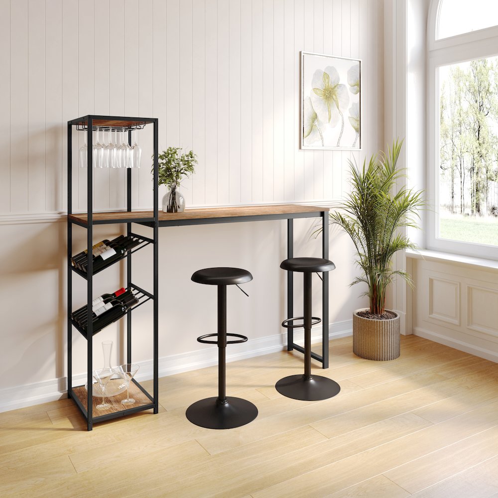 Modern Wine and Bar Table with Shelves, Light Brown Top/Black Frame