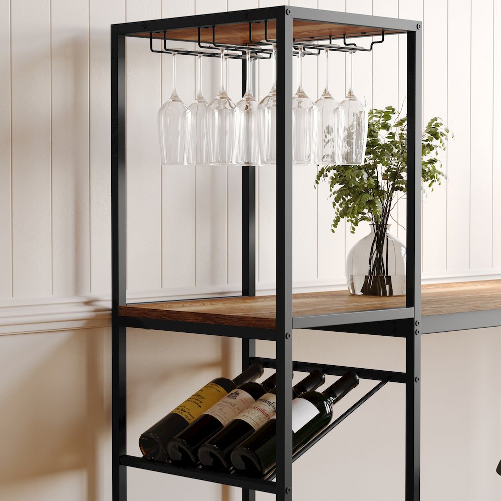 Modern Wine and Bar Table with Shelves, Light Brown Top/Black Frame