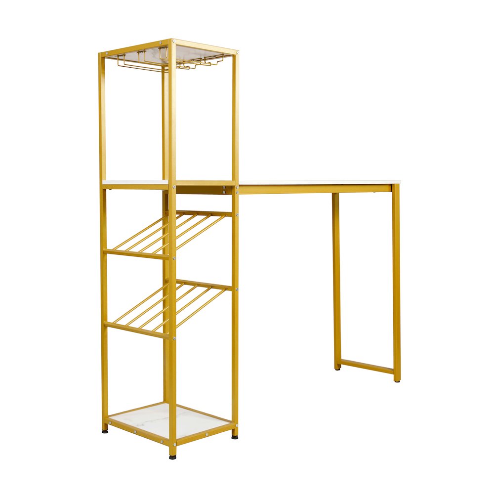 Modern Wine and Bar Table with Shelves, Marble Top/Gold Frame