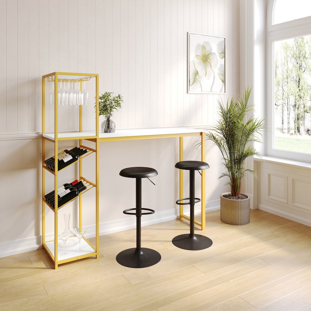 Modern Wine and Bar Table with Shelves, Marble Top/Gold Frame