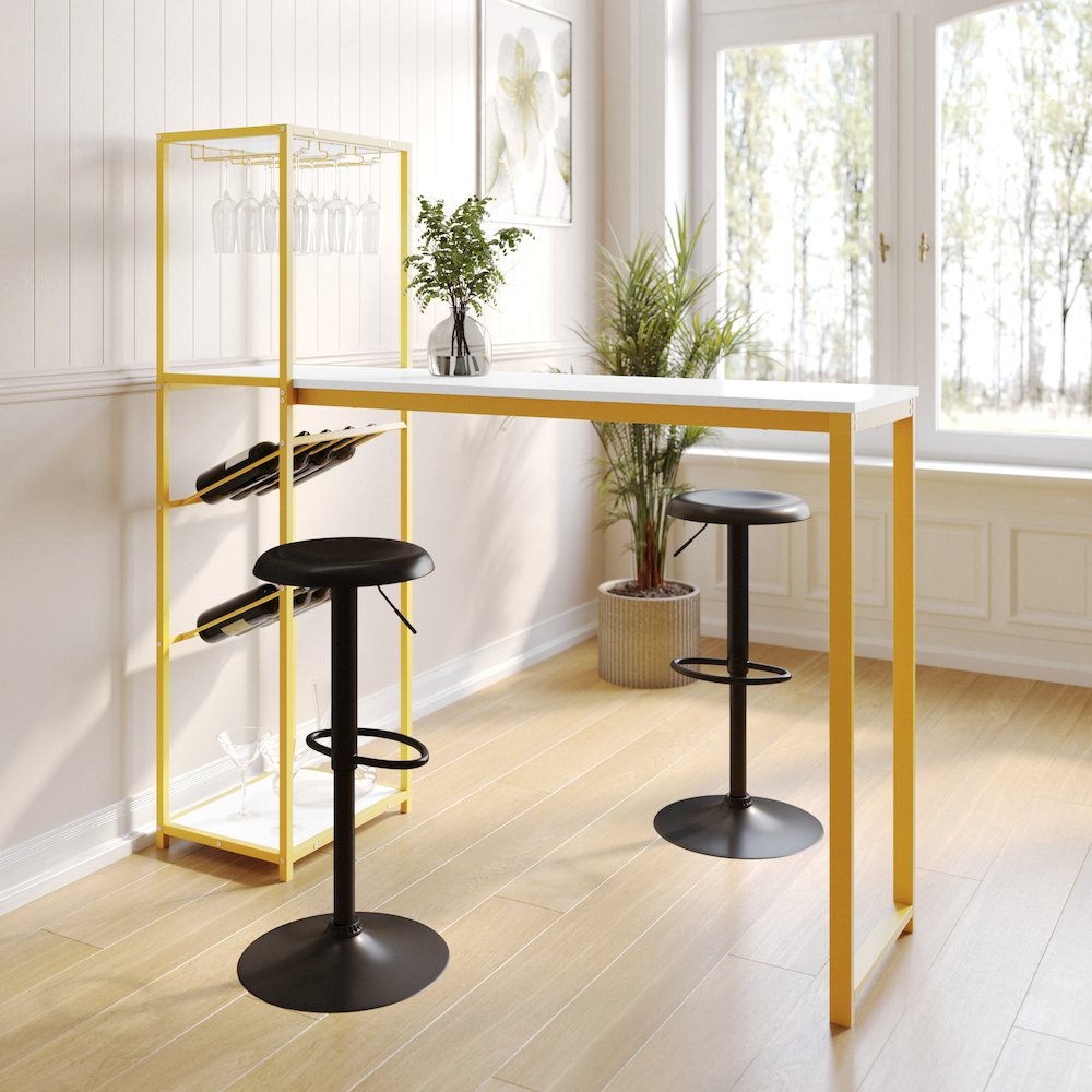 Modern Wine and Bar Table with Shelves, Marble Top/Gold Frame