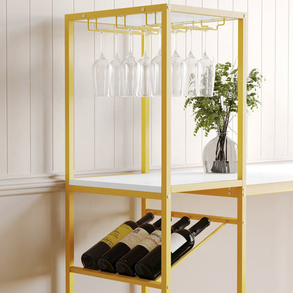 Modern Wine and Bar Table with Shelves, Marble Top/Gold Frame