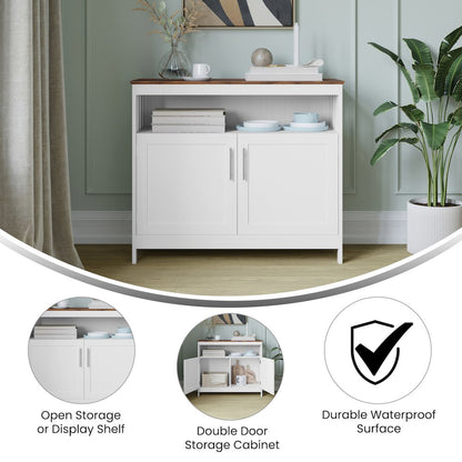 Classic Buffet and Sideboard Storage Cabinet, Walnut Top/White Frame