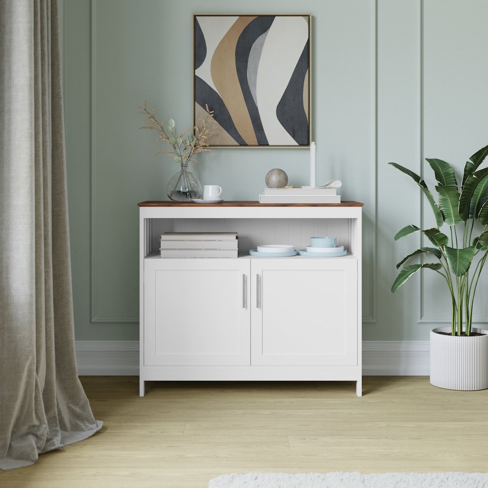 Classic Buffet and Sideboard Storage Cabinet, Walnut Top/White Frame