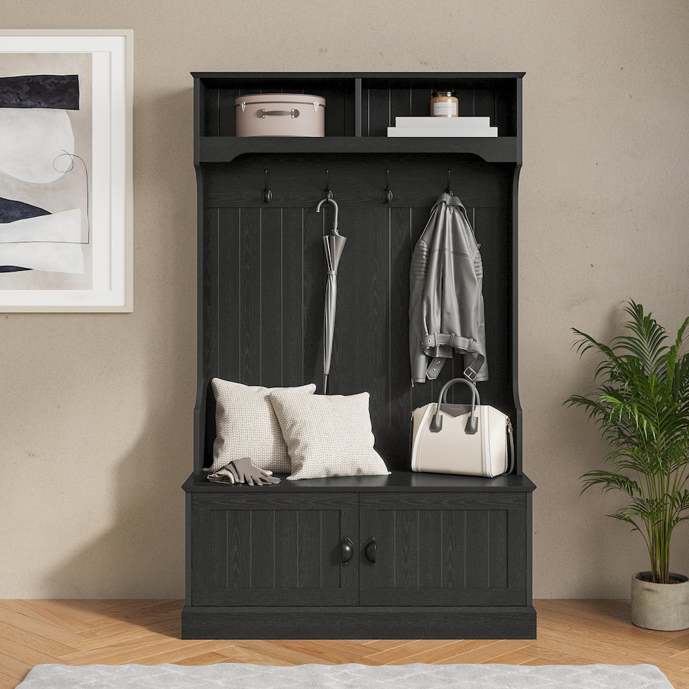 40" Wide Hallway Tree with Storage, Black