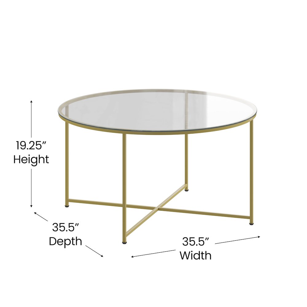 Coffee Table - Clear Glass Accent Table with Crisscross Brushed Gold Frame