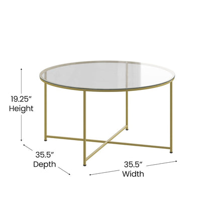 Coffee Table - Clear Glass Accent Table with Crisscross Brushed Gold Frame