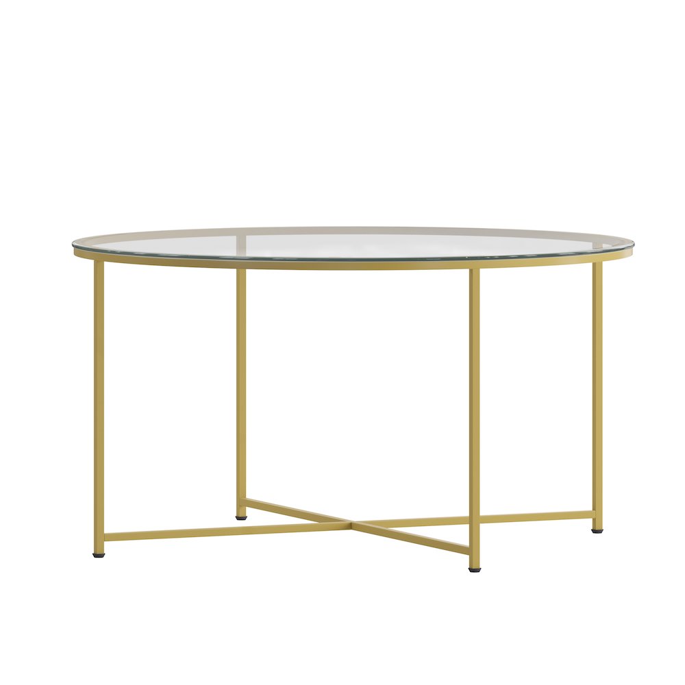 Coffee Table - Clear Glass Accent Table with Crisscross Brushed Gold Frame