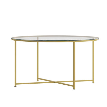 Coffee Table - Clear Glass Accent Table with Crisscross Brushed Gold Frame