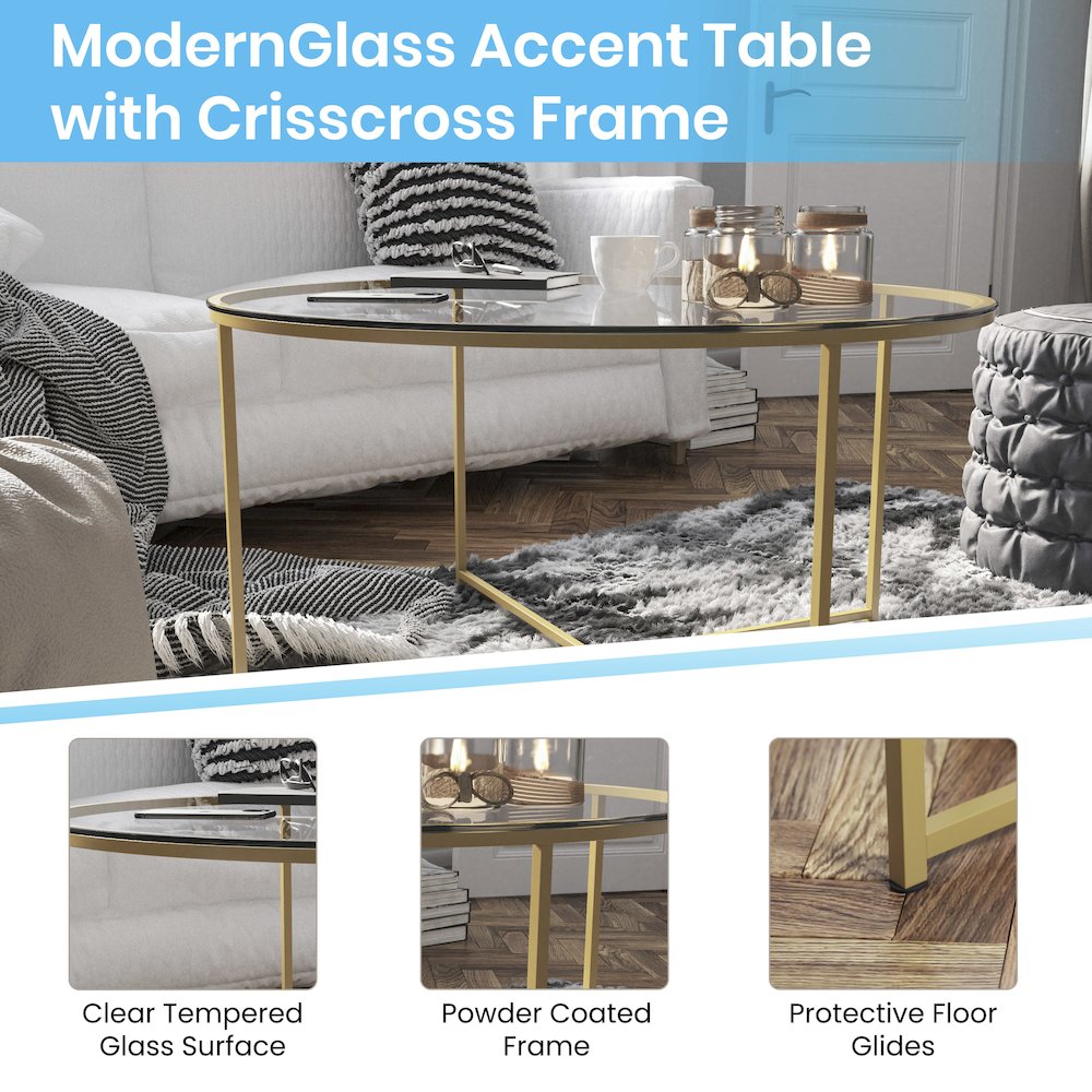 Coffee Table - Clear Glass Accent Table with Crisscross Brushed Gold Frame