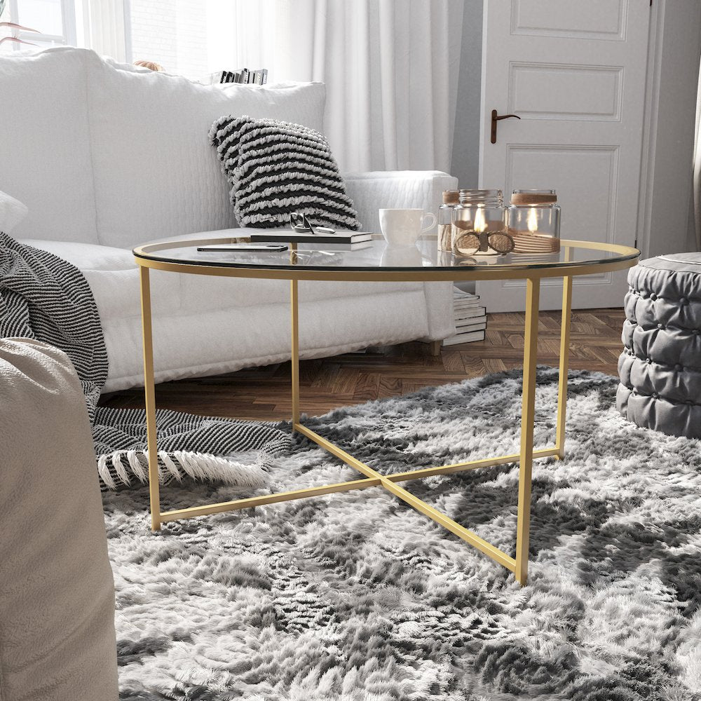 Coffee Table - Clear Glass Accent Table with Crisscross Brushed Gold Frame