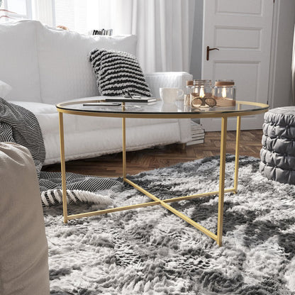 Coffee Table - Clear Glass Accent Table with Crisscross Brushed Gold Frame