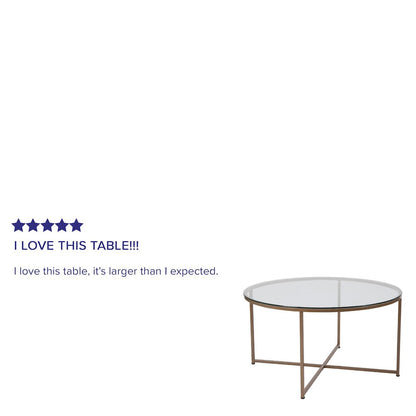 Coffee Table - Clear Glass Accent Table with Crisscross Brushed Gold Frame