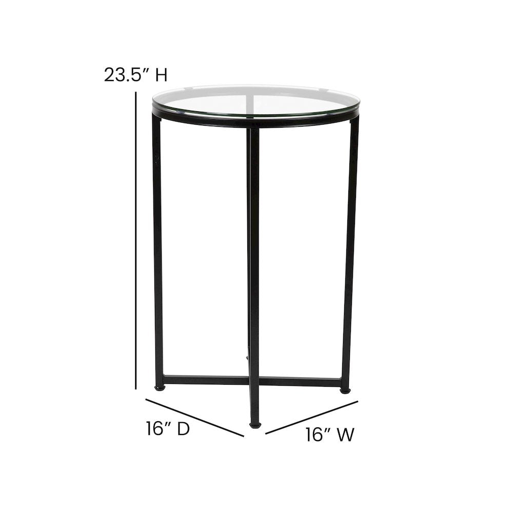 End Table - Modern Clear Glass Accent Table with Crisscross Matte Black Frame