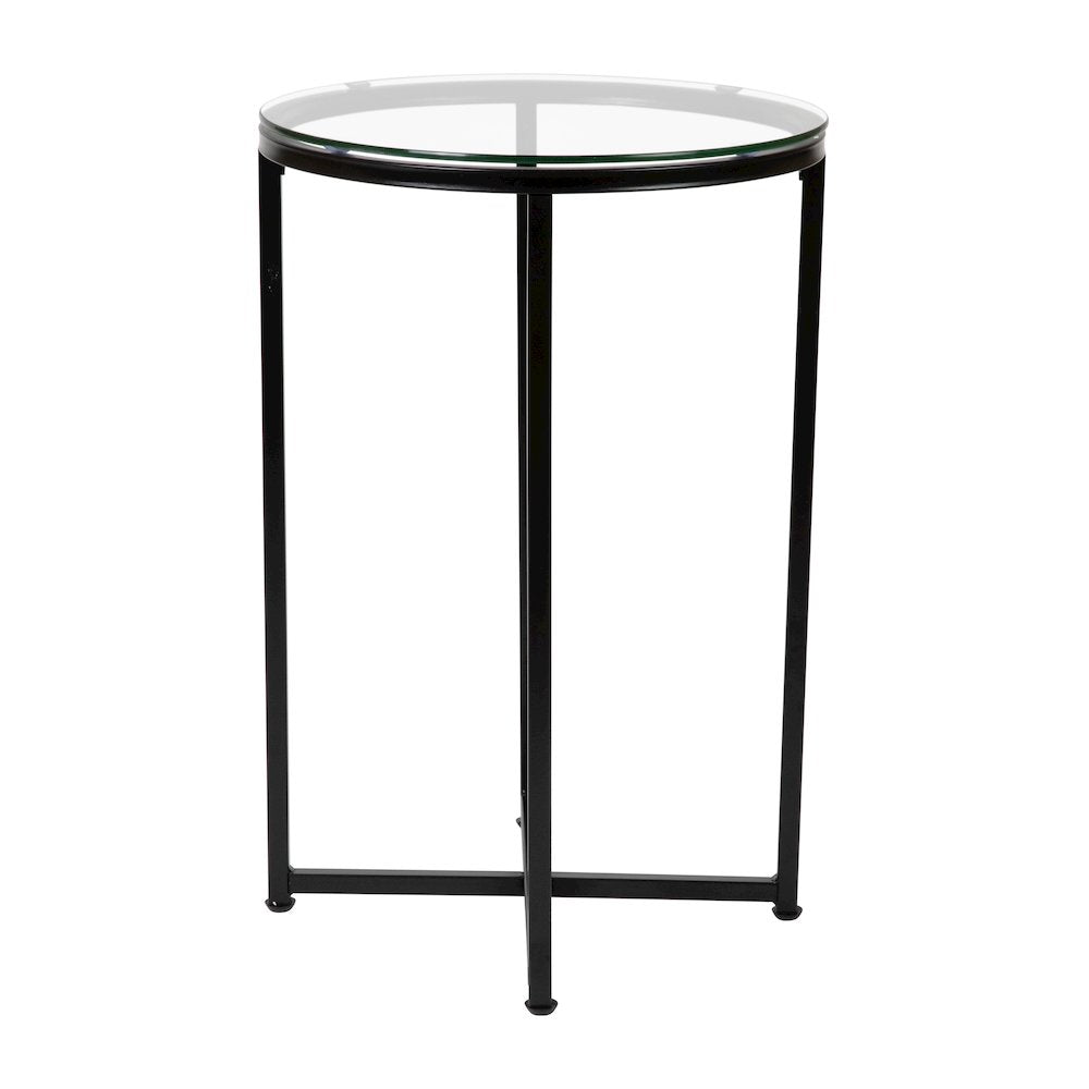End Table - Modern Clear Glass Accent Table with Crisscross Matte Black Frame