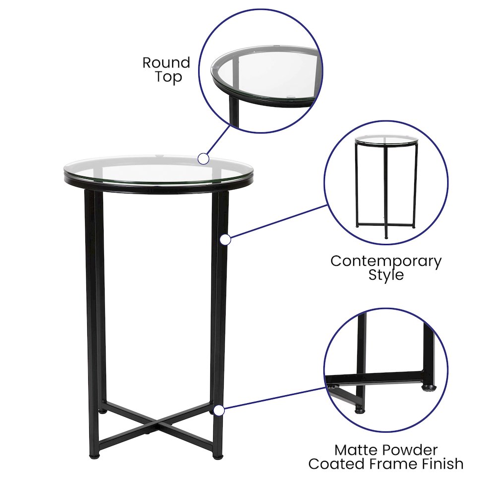 End Table - Modern Clear Glass Accent Table with Crisscross Matte Black Frame