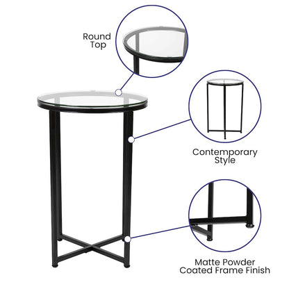 End Table - Modern Clear Glass Accent Table with Crisscross Matte Black Frame
