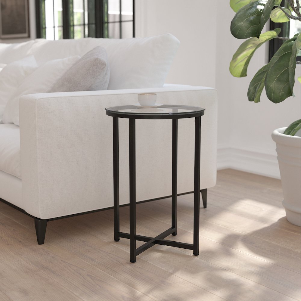 End Table - Modern Clear Glass Accent Table with Crisscross Matte Black Frame