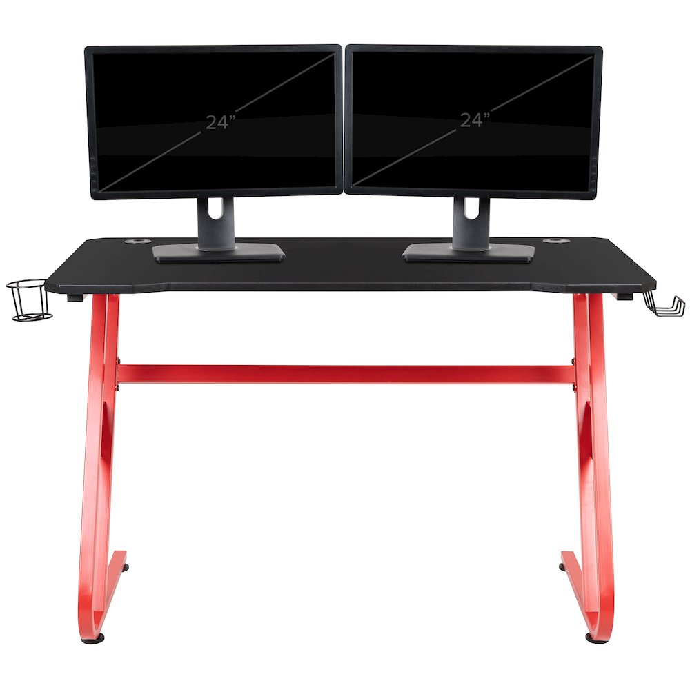 Red Gaming Ergonomic Desk with Cup Holder and Headphone Hook