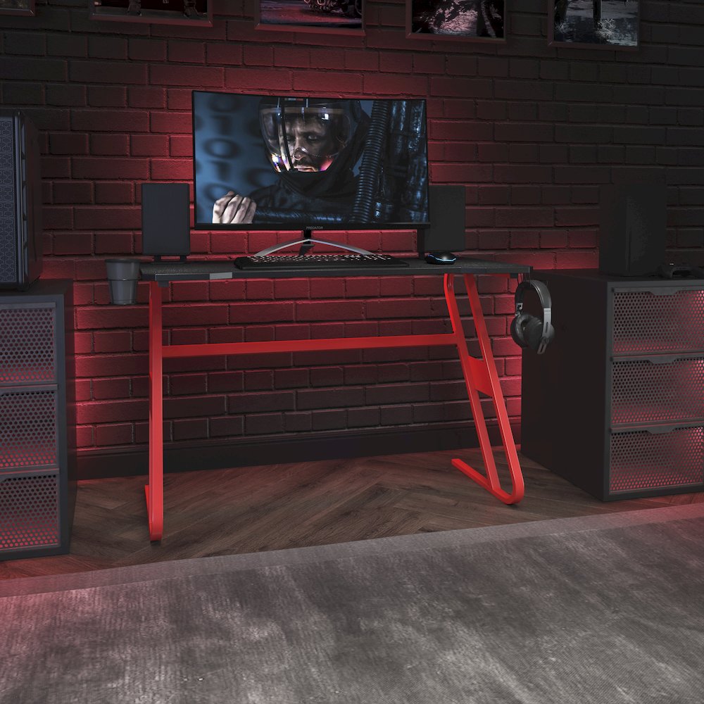 Red Gaming Ergonomic Desk with Cup Holder and Headphone Hook