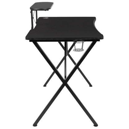 Black Gaming Desk with Cup Holder, Headphone Hook, and Monitor/Smartphone Stand