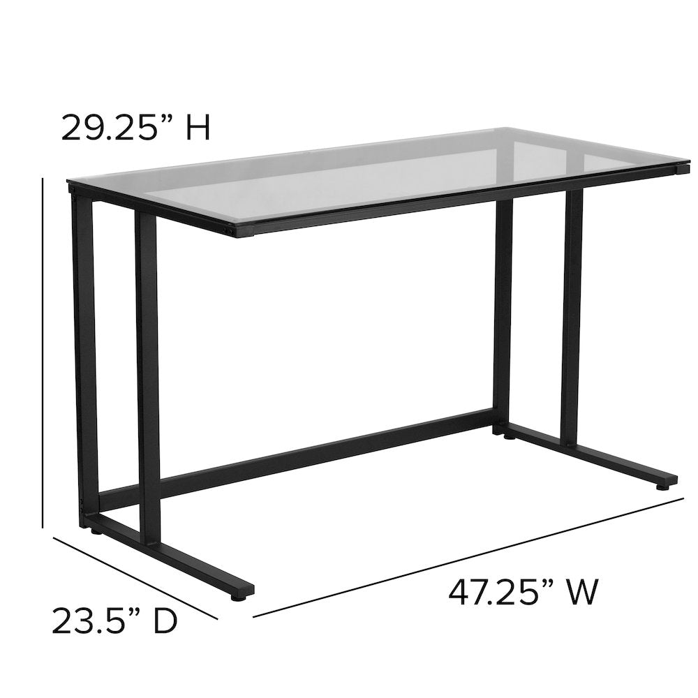 Glass Desk with Black Pedestal Metal Frame