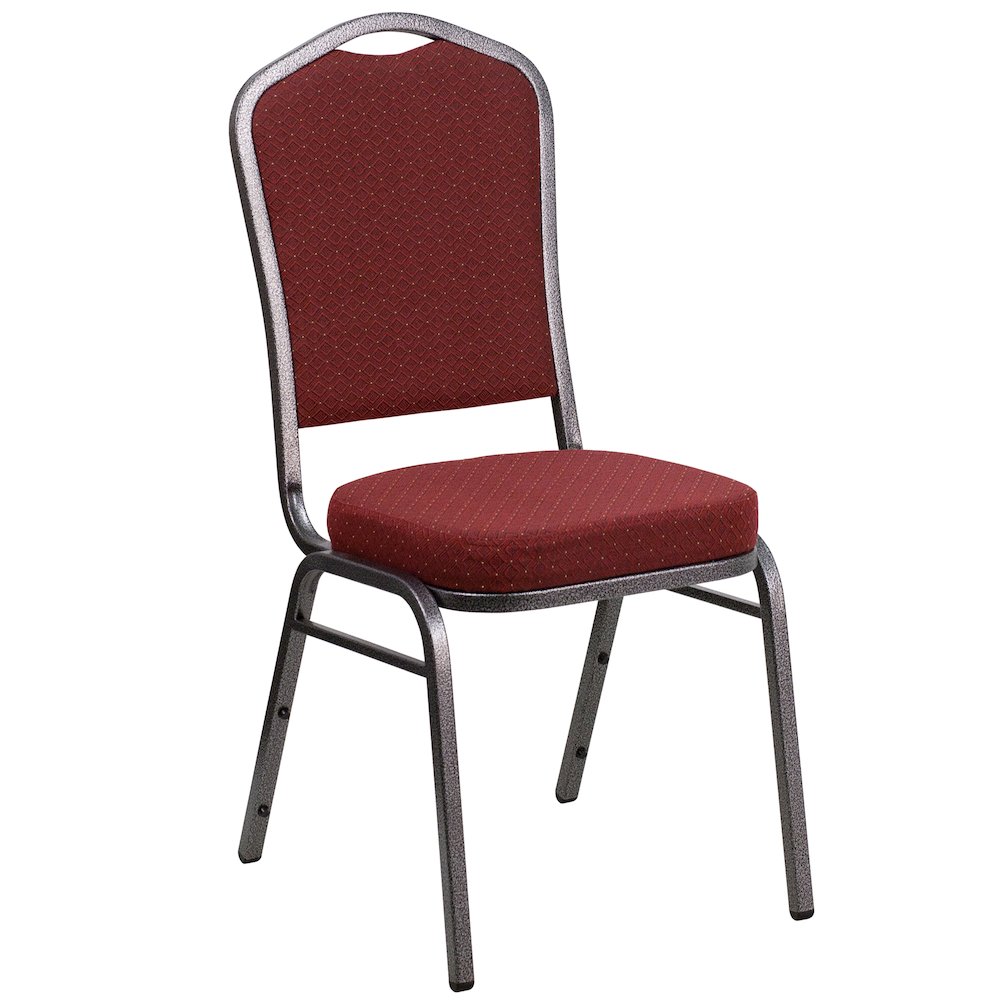 Crown Back Stacking Banquet Chair in Burgundy Patterned Fabric - Silver Vein Frame