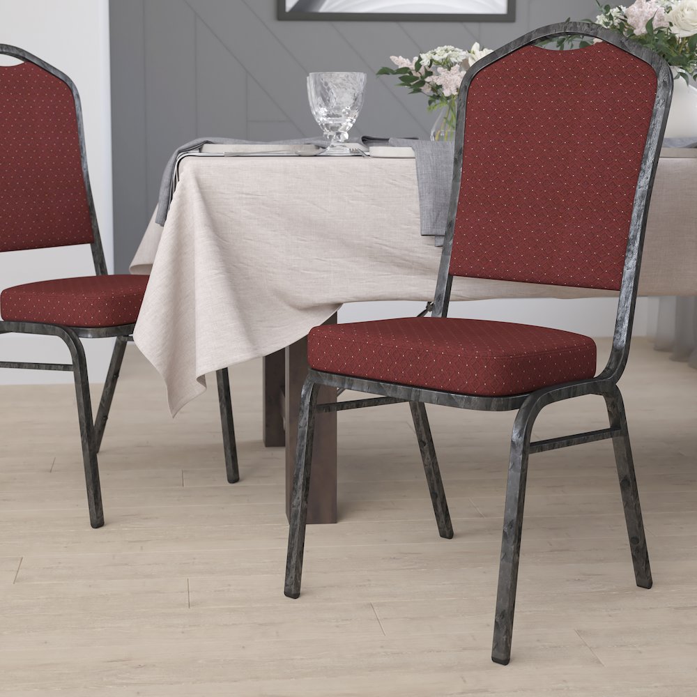 Crown Back Stacking Banquet Chair in Burgundy Fabric - Silver Vein Frame