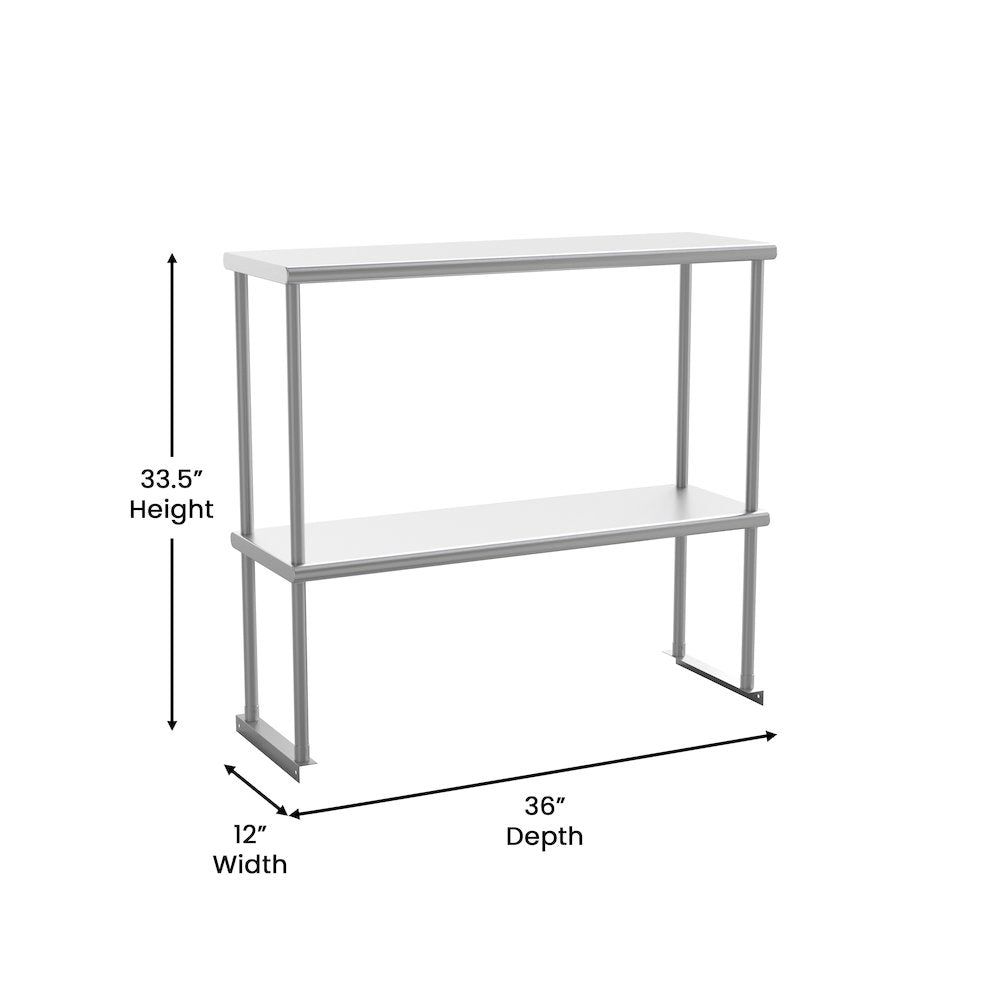 430 Stainless Steel 18 Gauge 36" x 12" Metal Kitchen Double Overshelf