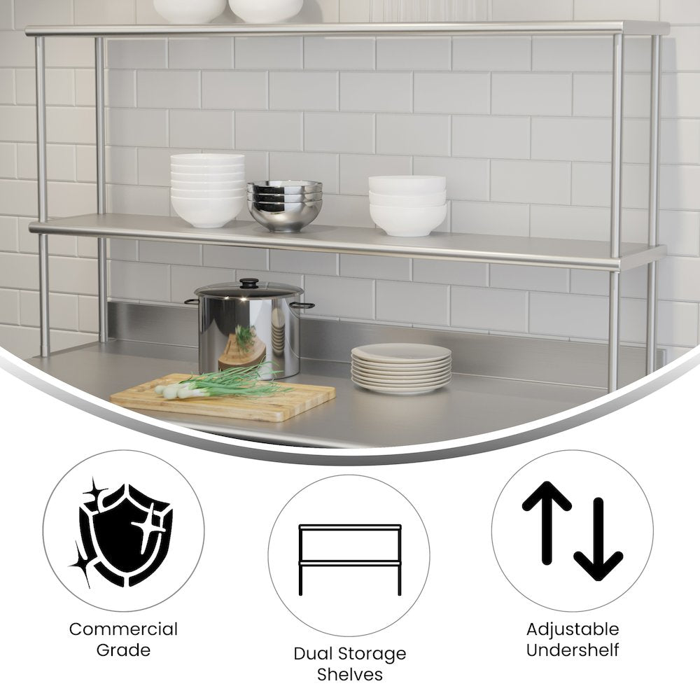 430 Stainless Steel 18 Gauge 60" x 12" Metal Kitchen Double Overshelf