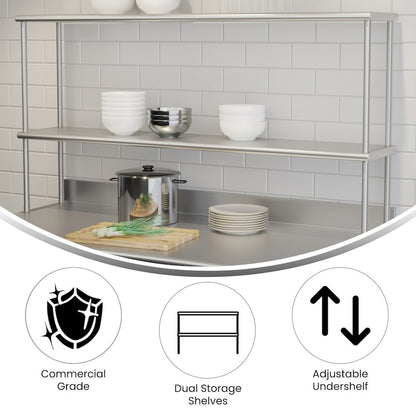 430 Stainless Steel 18 Gauge 60" x 12" Metal Kitchen Double Overshelf