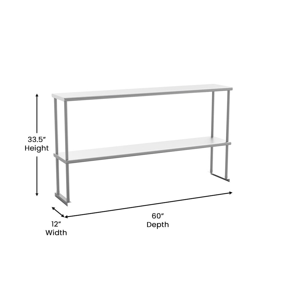 430 Stainless Steel 18 Gauge 60" x 12" Metal Kitchen Double Overshelf