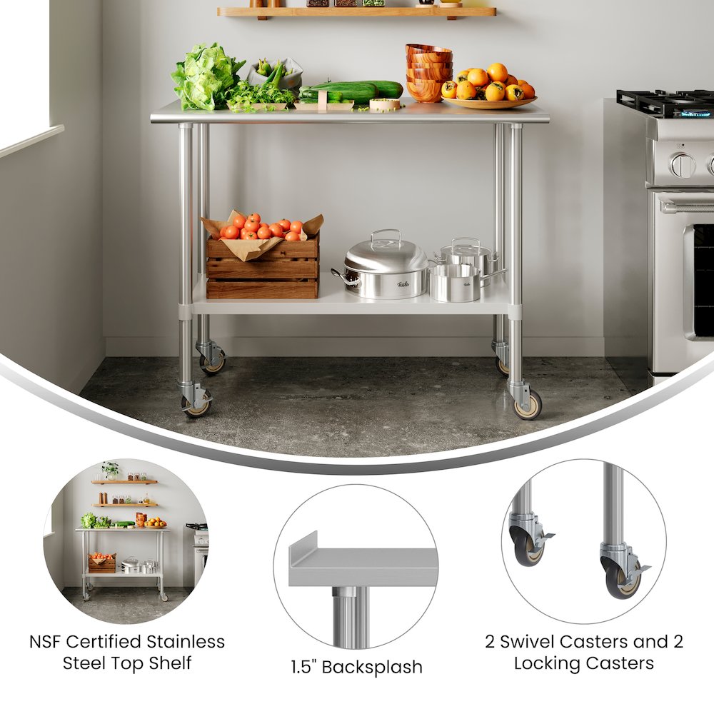 Stainless Steel 18  Gauge Portable Prep and Work Table with 1.5" Backsplash