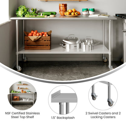Portable Prep and Work Table with Stainless Steel Top Shelf, 1.5" Backsplash