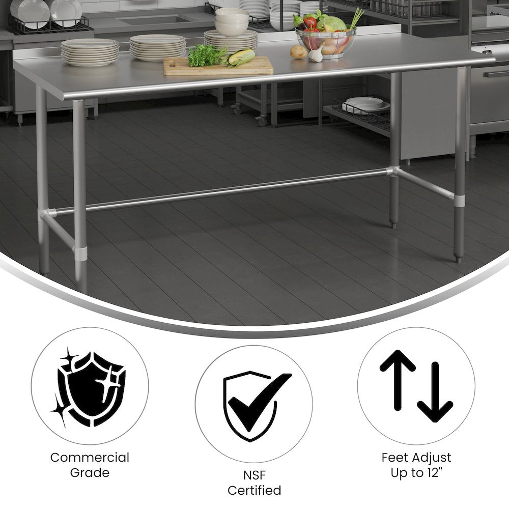 18 Gauge Open Base Kitchen Prep and Work Table with 1.5" Backsplash
