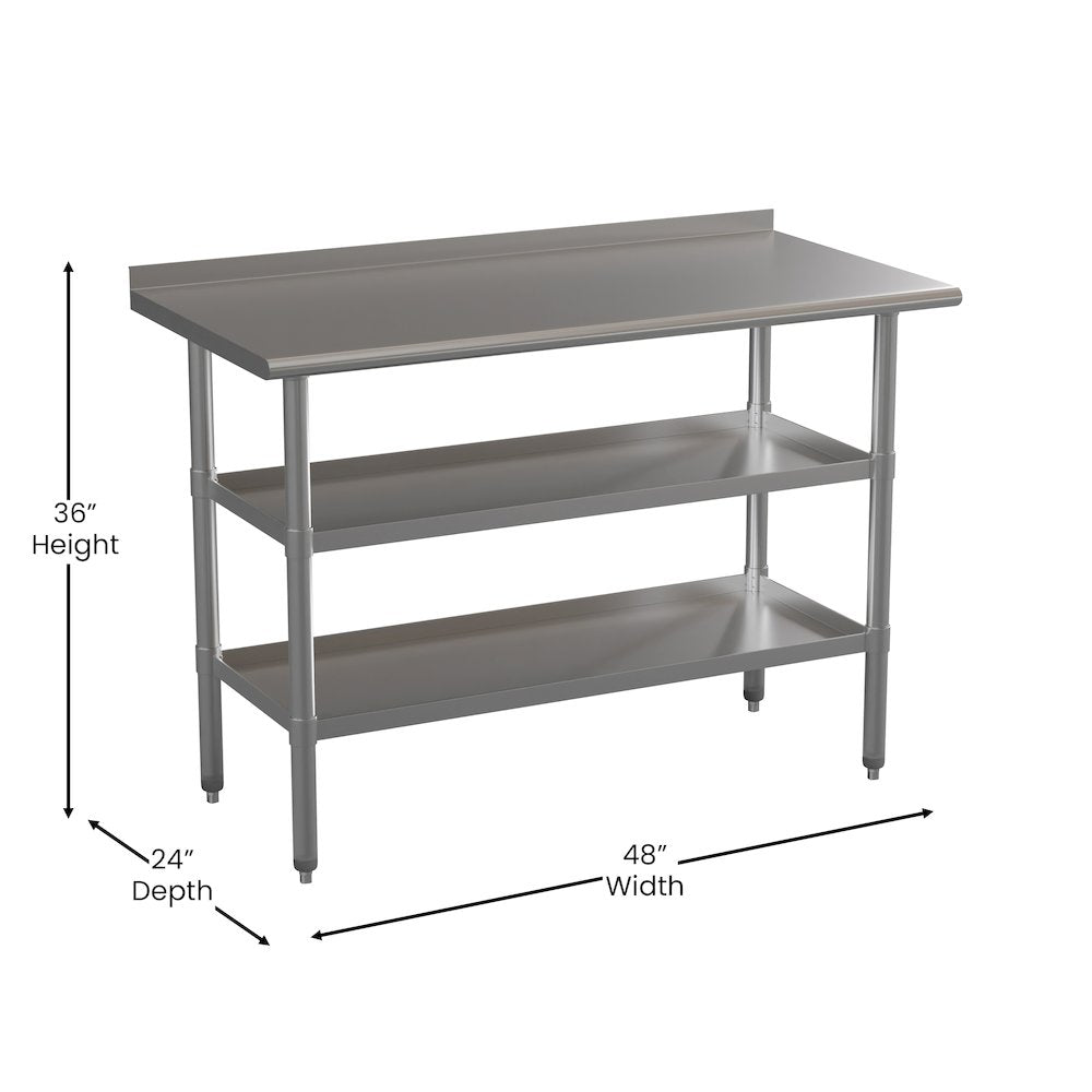 Stainless Steel 18 Gauge Work Table with 1.5" Backsplash and 2 Undershelves